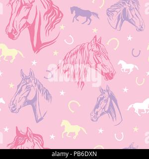 Vecteur coloré avec motif transparent stars, fers et décoratives portraits de chevaux, sur fond rose Illustration de Vecteur