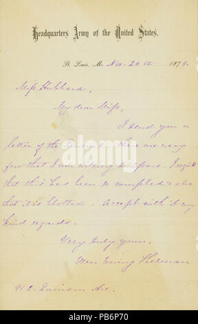 907 Lettre signée Ellen Ewing Sherman, 912, avenue de la garnison, Saint Louis, à Mlle Hubbard, 20 Novembre 1873 Banque D'Images