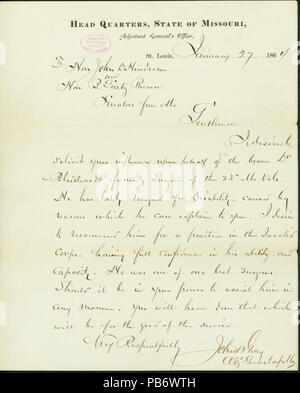 909 Lettre signée John B. Gray, Head Quarters, Etat du Missouri, adjudant général, Saint Louis, à John B. Henderson et B. Gratz Brown, les sénateurs du Missouri, le 27 janvier, 1864 Banque D'Images