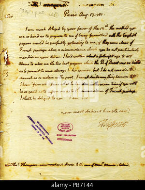 912 Lettre signée Thomas Jefferson à Thomas Thompson, Août 17, 1785 Banque D'Images