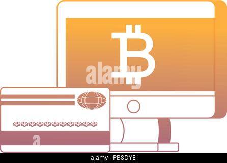 Ordinateur avec symbole bitcoin et une carte de crédit sur fond blanc, vector illustration Illustration de Vecteur