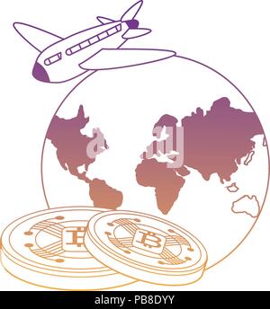 Planète Terre avec avion et pièces bitcoin sur fond blanc, vector illustration Illustration de Vecteur