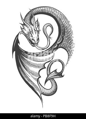 Dragon fait main tatouage dessiné dans leur gravure. Vector Illustration. Illustration de Vecteur