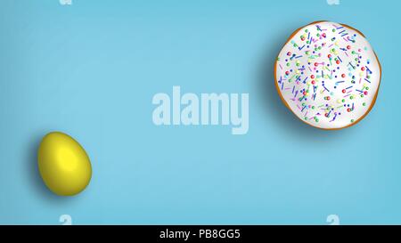 Carte vecteur modèle avec éléments dessinés à la main et réaliste des œufs. Gâteau. Fond bleu. 3D. Illustration de Vecteur