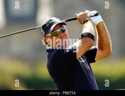 27 juillet 2018, l'Old Course à St Andrews, St Andrews, Écosse), à l'Omnium senior des championnats de golf 2018, deuxième tour, Scott McCarron (USA) joue son coup de départ sur le deuxième trou Banque D'Images