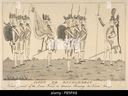 Le comte de Rochambeau, le général français de l'Armée de terre en Amérique l'examen des troupes françaises. Artiste : Anonyme, britannique, 18e siècle. Dimensions : plateau : 8 1/4 x 13 1/16 in. (21 x 33,2 cm) : Feuille 9 x 13 5/8 à 9/16. (24,5 x 34,5 cm). Editeur : E. Hedges (Londres). Date : 1 avril 1781. Cette image fait la satire du général français et son armée de 5 500 hommes, une force qui arriva au large de Rhode Island le 11 juillet 1780 (8 000 avait été promis à l'aide d'Américains d'attente). Musée : Metropolitan Museum of Art, New York, USA. Banque D'Images