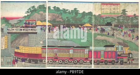 Illustration d'une locomotive à vapeur fonctionnant sur l'hôtel Takanawa Railroad à Tokyo (Tokyo takanawa tetsudo jokisha soko no zu). Artiste : Utagawa Kunitreu (japonais, 1830-1874). Culture : le Japon. Dimensions : 14.2 x 29.1 in. (36,1 x 73,9 cm). Date : ca. 1873. Musée : Metropolitan Museum of Art, New York, USA. Banque D'Images