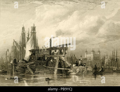 Gravure intitulée « ballast Dredger off the Tower » 1827 Banque D'Images