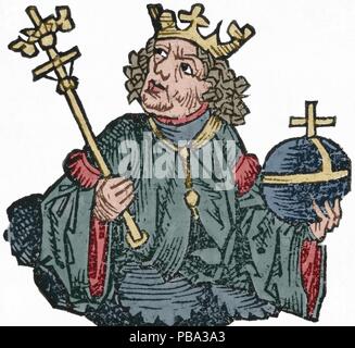 Carlos II de l'Anjou (1285-1309). Rey de Nápoles (1254-1309). Se enfrentó en varias ocasiones a los Reyes de Aragón por el dominio de Sicilia. Gravure del siglo XVI. Coloreado. Banque D'Images