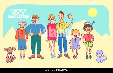 Télévision icones collection d'avatars des membres de la famille : mère, père, fils, fille, grand-mère, grand-père, chien et chat. Vector illustrations en couleur Illustration de Vecteur