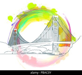 Repère de couleur de Golden Gate Bridge, près de san francisco. Croquis vecteur dessiné à la main. Illustration de Vecteur