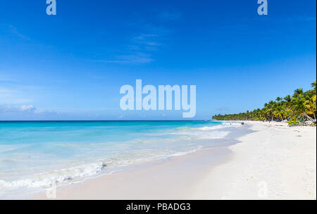 Plage de sable blanc vide paysage. Mer des Caraïbes, la République dominicaine, l'île de Saona, station touristique populaire de la côte Banque D'Images