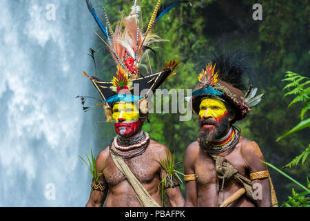 Huli Wigmen (chef Timon Tumbu Haro et Ngibe) en tenue de cérémonie traditionnelle / avec des plumes d'oiseaux de paradis, casoar nain, perroquets et loriquets verts. Tari Valley, la Papouasie-Nouvelle-Guinée. En juin 2016. Banque D'Images