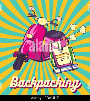 Rétro sac à banner. Vieux scooter vintage illustration. Image vectorielle. De Rose, cyclomoteur à dos. Soleil et nuages de fumée. Pop art style dessin animé. Illustration de Vecteur