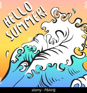 Hello summer wave poster. L'océan ou sur la mer et le lever du soleil. gradient de marée Bannière de scénario pourrait être utilisé comme billet brochure publicitaire, autocollant, parti en villégiature Illustration de Vecteur