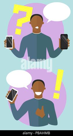 Homme noir avec une question et de points d'exclamation. Le choix du concept de smartphone. Sélectionnez Mobile la conception. Personne doutes, puis bien sûr. 'Je ne sais pas', 'goo Illustration de Vecteur
