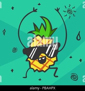 Kawaii Cute cartoon l'ananas. Smiling et danse de caractère de fruits dans des verres. Aliment sain. Vector illustration. Illustration de Vecteur