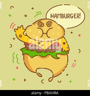 Kawaii Cute cartoon hamburger à bulle. Ligne plate design. Caractère de la restauration rapide. Vector illustration. Illustration de Vecteur