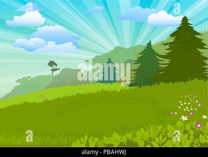 Magic prairie. Paysage du nord. Champ et forêt. Les rayons de lumière dans le ciel. Style de dessin animé. Vector illustration. Illustration de Vecteur