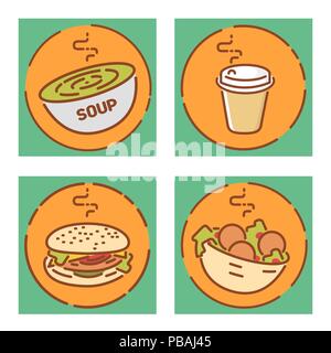 Signes d'aliments de préparation rapide, modèle plat. Soupe, café, les hamburgers et les icônes de falafel. Illustrations vectorielles Illustration de Vecteur