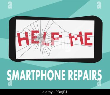 Réparation Smartphone design plat signe. Vector illustration of broken téléphone avec 'aidez-moi' lettrage pour bannières publicitaires, affiches, panneaux, panneaux, Illustration de Vecteur