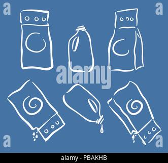 Nettoyant pour laver les emballages icons set, plein et vide, doodle style croquis Illustration de Vecteur