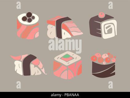 Rouleaux de sushi vector set, plats asiatiques icons Illustration de Vecteur