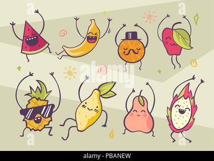 Fruits situé dans le style cartoon, cute illustrations vectorielles Illustration de Vecteur