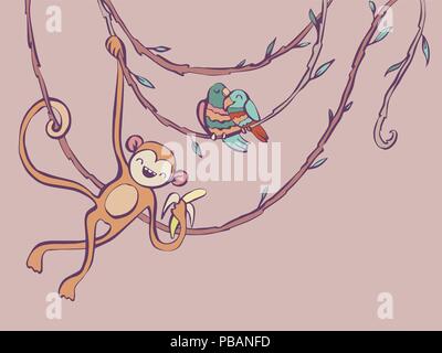 Amoureuse de singes et de perroquets sur creepers vector illustration dans le style cartoon Illustration de Vecteur