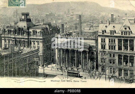 . Anglais : une vue sur le bureau de poste, la Banque de Montréal et les bureaux de la Compagnie Trust Royal sur la rue Saint-Jacques à Montréal, Québec, Canada, comme vu de la tour de la Basilique Notre-Dame. La Banque de Montréal La construction existe toujours, et est maintenant surmonté d'un dôme. La carte postale est oblitérée le 1 avril, 1906. Français : Le bureau de poste, la Banque de Montréal et les bureaux du Trust Royal sur la rue Saint-Jacques à Montréal, Québec, Canada, vus depuis l'une des tours de la basilique Notre-Dame. L'édifice de la succursale de la Banque de Montréal existe toujours, et est maintenan Banque D'Images