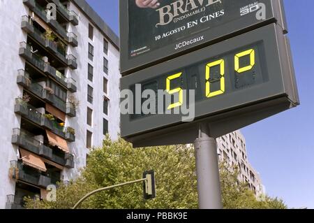 Thermomètre urbain, températures extrêmes, Séville, Andalousie, Espagne, Europe. Banque D'Images