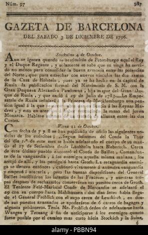 Gazeta de Barcelone, 3 de diciembre de 1796. Núm. 97. Portada. Biblioteca Histórico Militar de Barcelone. Cataluña. España. Banque D'Images