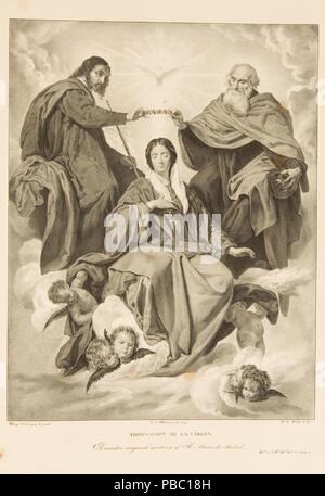 José de Madrazo y Agudo ; du vrai Establecimiento Litográfico de Madrid ; Pierre Jacques Feillet -lithographe- (après Diego Rodríguez de Silva y Velázquez) / "le couronnement de la Vierge". 1832 - 1836. L'aquatinte, lithographie crayon lithographique, impression sur japon, grattoir sur papier vélin ; 1832 - 1836. L'aquatinte, lithographie crayon lithographique, impression sur japon, grattoir sur papier vélin. Musée : Musée du Prado, Madrid, España. Banque D'Images