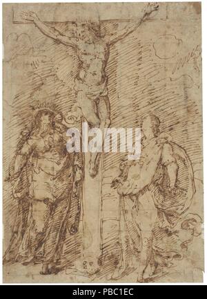 Tiburzio Passerotti / 'le Christ sur la croix, avec la Vierge Marie et saint Jean'. La fin XVI-Début XVIIÈME siècle. Crayon, crayon, brun-gris, encre sur papier jaune. Musée : Musée du Prado, Madrid, España. Banque D'Images