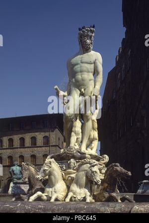 PLAZA DE LA SENORIA-Fuente de Neptuno. Auteur : Bartolomeo Ammannati. Lieu : extérieur, FIRENZE, Italia. Banque D'Images