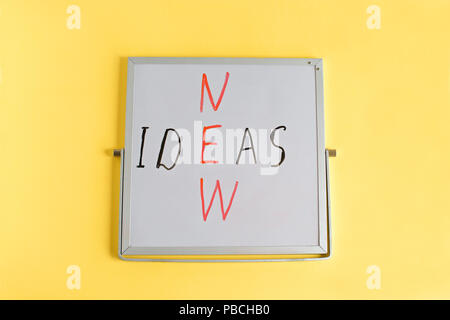 De nouvelles idées de création d'entreprise concept mots écrits sur mini tableau noir sur fond jaune. Idées de mots. Banque D'Images