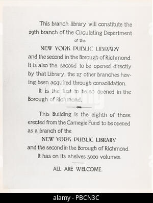 Port 1212 Richmond, Programme d'ouverture, "Cette bibliothèque constitue…" (NYPL)11524053-1253048 b Banque D'Images
