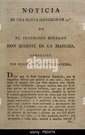 Gazeta de Barcelona, 31 de marzo de 1798. Núm. 26. Página de este ejemplar en el que se daba la noticia de una nueva impresión de El Ingenioso hidalgo Don Quijote de La Mancha. Biblioteca Histórico Militar de Barcelone. Cataluña. España. Banque D'Images