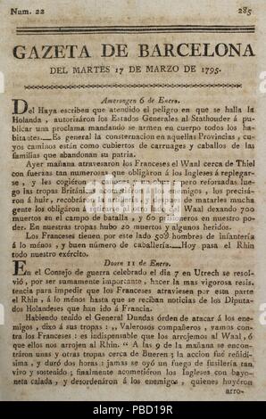 Gazeta de Barcelona, 17 de marzo de 1795. Núm. 22. Portada. Biblioteca Histórico Militar de Barcelone. Cataluña. España. Banque D'Images