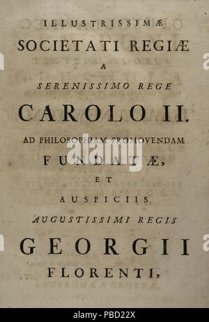 Isaac Newton (Woolsthorpe, 1642-Londres, 1727). Astrónomo físico, y matemático inglés. Opúscula Philosophia Mathematica, et Philologica. Tomo I. Página interior con dedicatoria al Rey Carlos II. Obra editada en ce moment à Ginebra y, 1744. La obra original de Newton es del 1686. Biblioteca Histórico Militar de Barcelone, Catalogne, Espagne. Banque D'Images