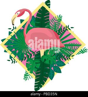 Oiseaux flamand avec feuilles de plantes exotiques Illustration de Vecteur