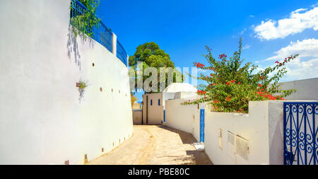 Dans la rue blanc bleu ville Sidi Bou Said. La Tunisie, l'Afrique du Nord Banque D'Images