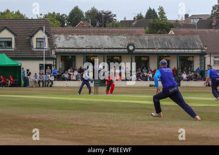 L'Irlande du Nord, Royaume-Uni. 27 juillet 2018. Le Livre vert, Comber, County Down. 27 juillet 2018. Finale de Coupe Waringstown Gallagher (rouge) v CSIN (bleu).Crédit : David Hunter/Alamy Live News. Banque D'Images