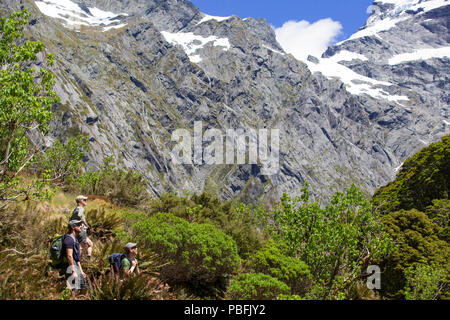 La Nouvelle-Zélande Aotearoa aka, île du Sud, Mt aspirant National Park, Sibérie, groupe d'amis de la randonnée, en admirant une vue sur la montagne. Parution du modèle. Banque D'Images