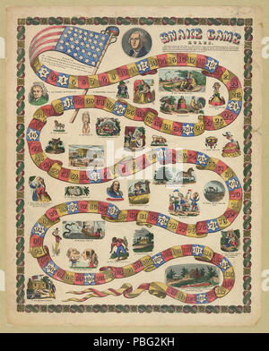 . Anglais : conseil de jeu et les règles d'un jeu 'Snake', avec des images de George Washington. La gravure sur bois, coloriés à la main. LOC Description : Print montrant un jeu de rouge, or et bleu, espaces numérotés entre 1 et 122 ; de la carte sont les illustrations qui sont numérotés et correspondent à la 'bleu' goudronné des espaces, qui sont des points d'action, le joueur l'atterrissage sur l'un suit les instructions fournies avec l'illustration correspondante, et se déplace en conséquence. Au début du jeu est un portrait de George Washington et à la fin, un cadre rustique à la homestead identifié comme la "maison de t Banque D'Images