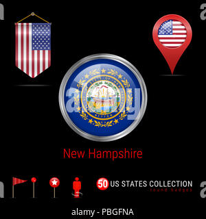 Round Silver Badge avec le New Hampshire Drapeau. Bouton brillant Drapeau de New Hampshire. Icône ronde du New Hampshire avec cadre métallique. Drapeau fanion de USA. Ma Banque D'Images