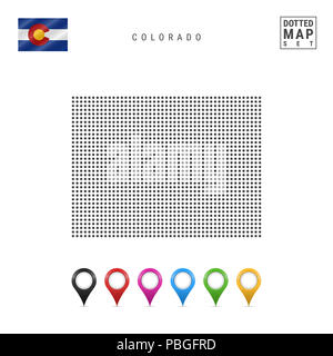 Points Pattern Map du Colorado. Silhouette Simple stylisée du Colorado. Le drapeau de l'État du Colorado. Ensemble de marqueurs de la carte multicolore. Illustration Banque D'Images