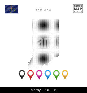 Points Pattern Map de l'Indiana. Silhouette Simple stylisée de l'Indiana. Le drapeau de l'état de l'Indiana. Ensemble de marqueurs de la carte multicolore. L'illustration est Banque D'Images