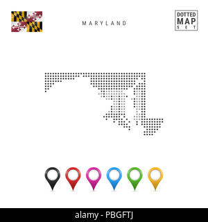 Points Pattern Map du Maryland. Simple silhouette stylisée du Maryland. Le drapeau de l'État du Maryland. Ensemble de marqueurs de la carte multicolore. Illustration Banque D'Images