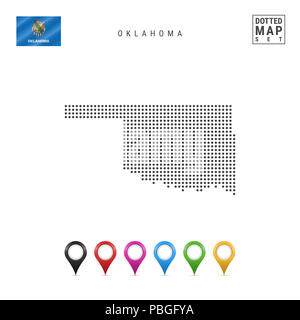 Points Pattern Map de l'Oklahoma. Silhouette Simple stylisée de l'Oklahoma. Le drapeau de l'état de l'Oklahoma. Ensemble de marqueurs de la carte multicolore. Illustration Banque D'Images